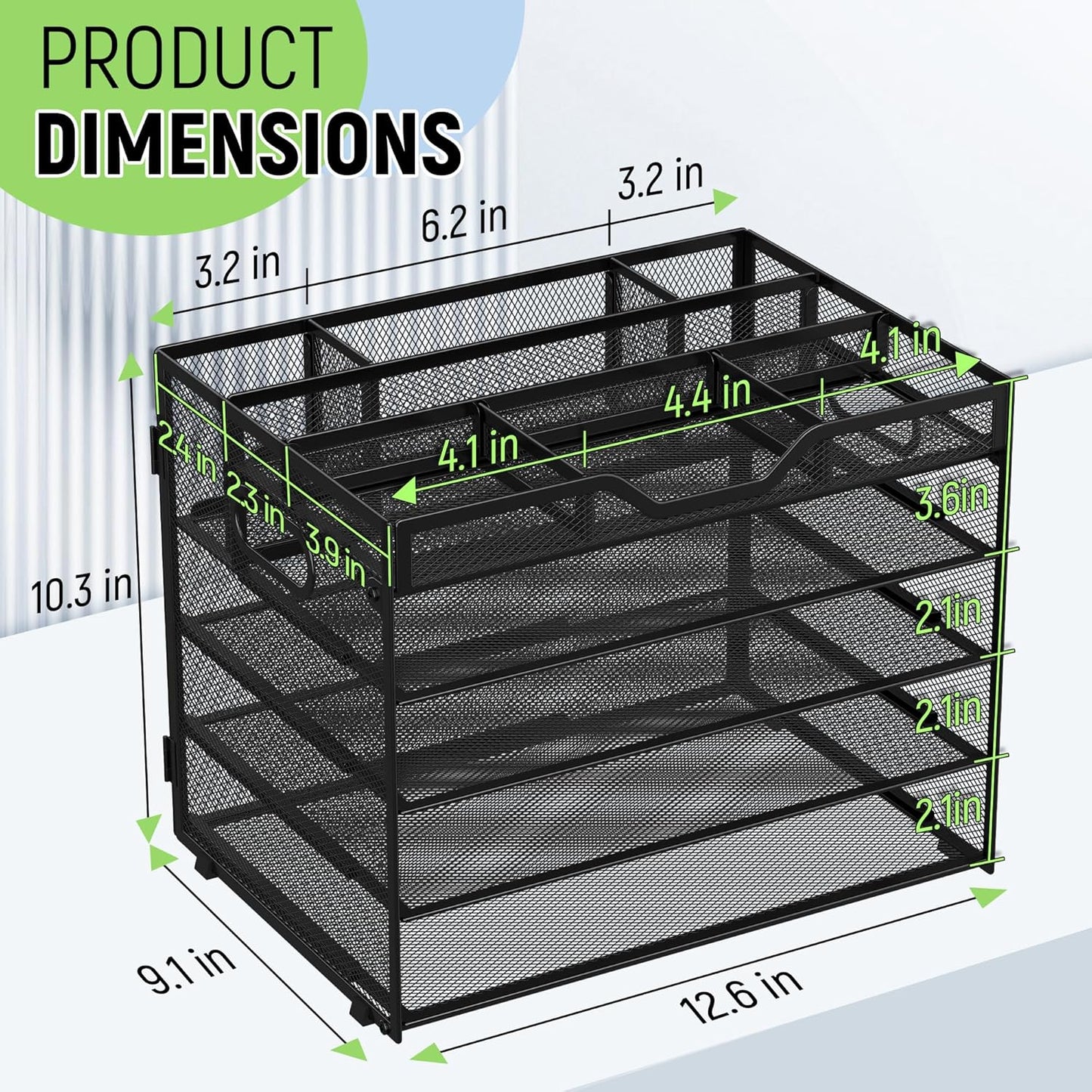 Docnest 5 Tier Mesh Desk Organizer- Letter Tray with Adjustable Compartments, Mesh Desktop Storage Built in Pen Holder and Handles, Desk Organizer Tray for Mail Documents Office Supplies-Black