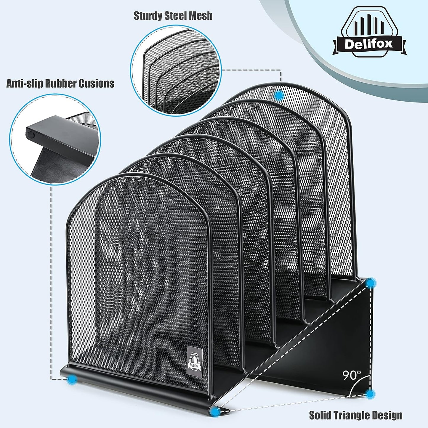 Inclined Desk File Organizer, 5-Section Vertical File Folder Holder Stand Metal Rack File Sorter for Office Classroom Desktop Organization (Black, 1Pack)