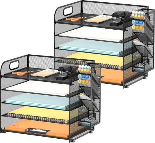 SUPEASY 2 Pack 5 Tier Desk Organizer with Handle & Removable Pen Holders, Mesh Paper/File Organizer for Desk Office Supplies,Black