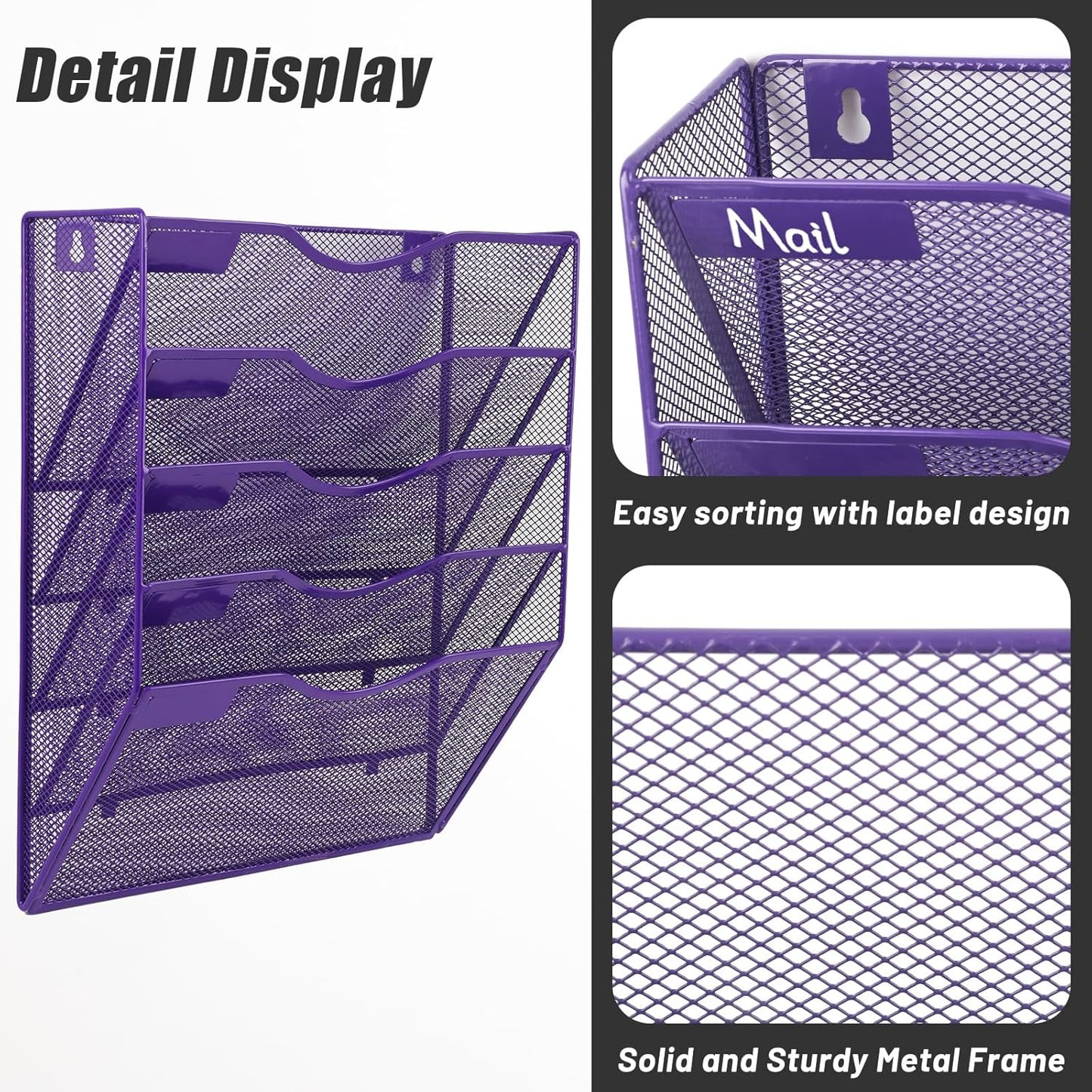 EASEPRES 5 Pocket Mesh Hanging Wall File Organizer, Wall Mounted Mail Paper Document Folder Holder, Clipboard Storage Organization Magazine Rack with Nametag Label for Office Home School, Purple