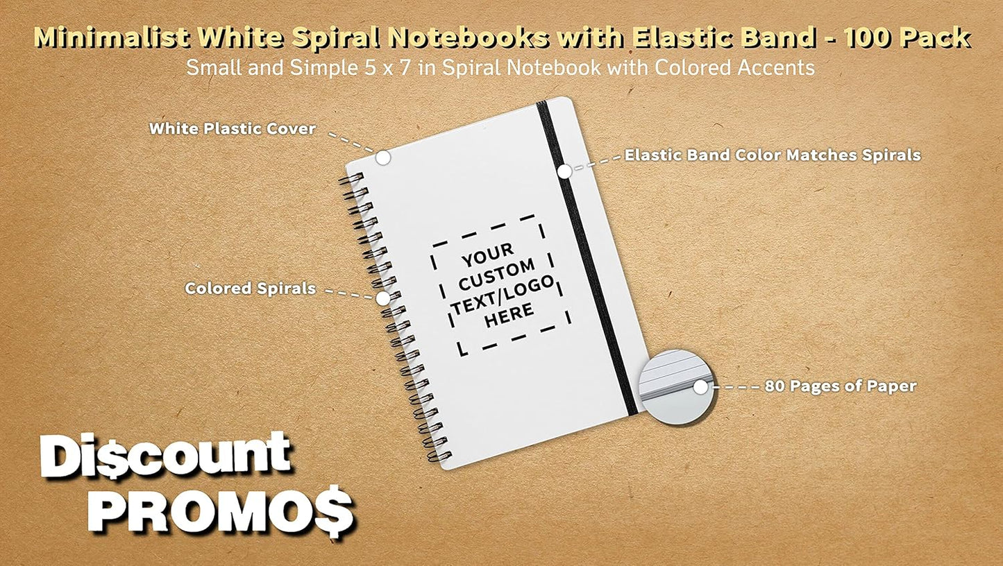 100 White Spiral Notebooks with Elastic Band Pack - Customizable Text, Logo - 80 lined pages, Recycled - Black