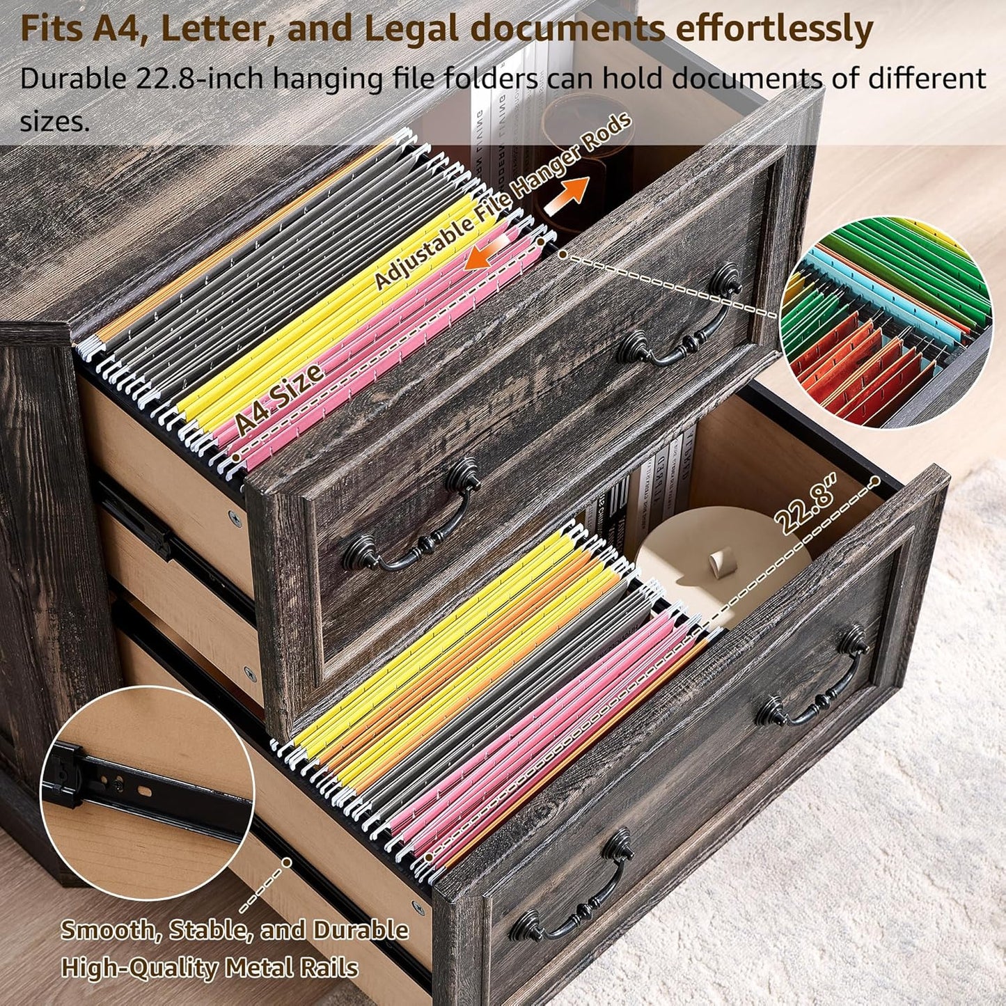 T4TREAM 2 Drawer File Cabinet Set of 2, 30" Wide Wooden Extended Desktop, Farmhouse Filing Cabinet with Smooth Rails, Holds Letter/Legal/A4, Hexagonal Design & Framed Drawer Fronts, Dark Rustic Oak