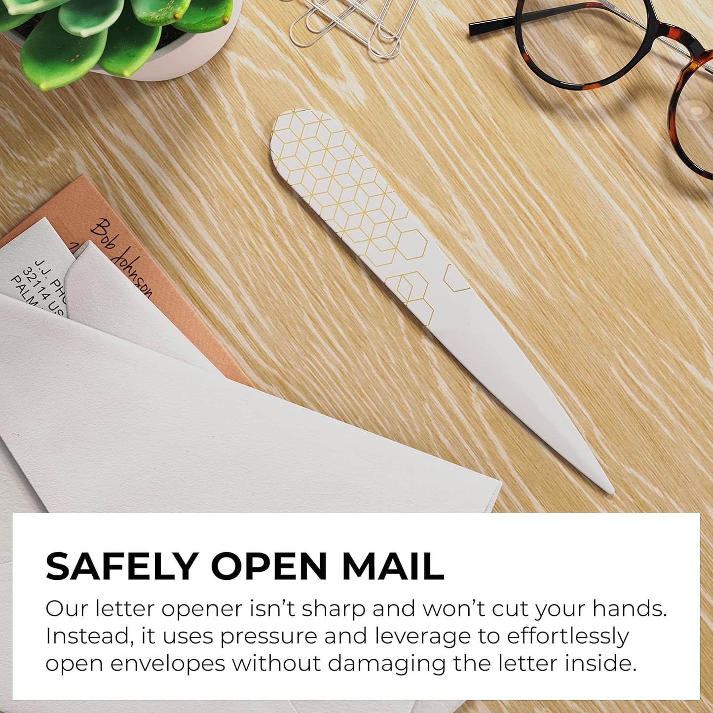 Uncommon Desks Letter Opener - 3 Pack Plastic Letter Opener with Trendy Designs, Safe Plastic Edge, Wide Ergonomic Handle for Comfort and Grip