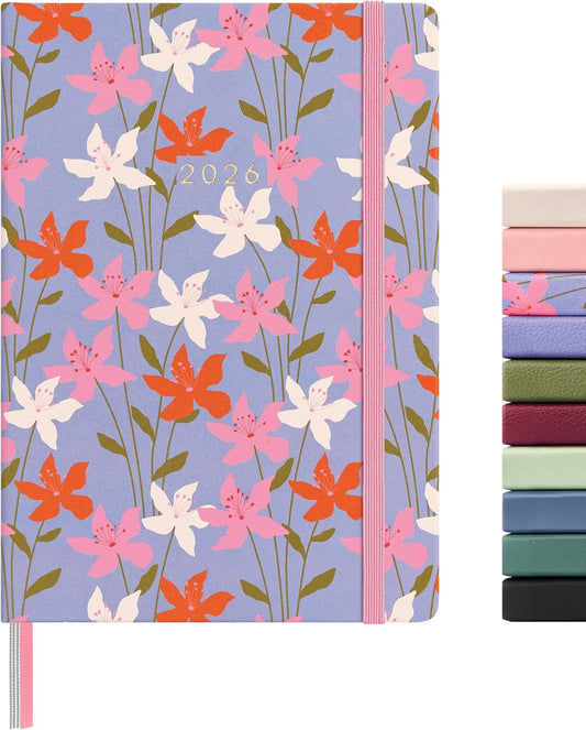 And Per Se 2026 Planner with Pattern-Daily, Weekly & 15-Monthly Leather Hardcover Planner, 5.7" x 8", Daily Schedule, Monthly Tabs, 100 GSM Thick Paper, Back Pocket(Blossom Purple)