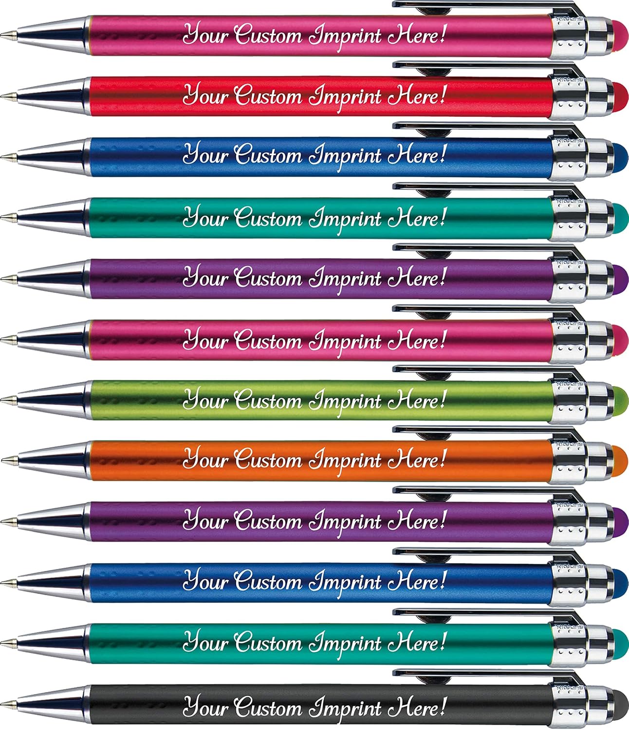 Personalized Pens with Stylus Tip -Bright Vibes- Click action - Custom - Black writing - Printed Name pens - Imprinted with Your Logo or Message - FREE PERSONALIZATION - 12 Pens/Box (Blue)