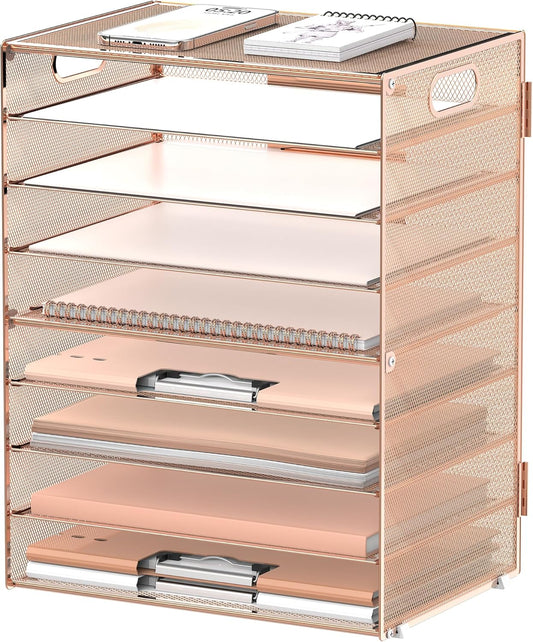 DALTACK 9-Tier Paper Letter Tray Desk Organizer with Handles, Mesh File Holder Organization, File Organizer for Desk Paper Sorter for Office Home School, Gold Rose