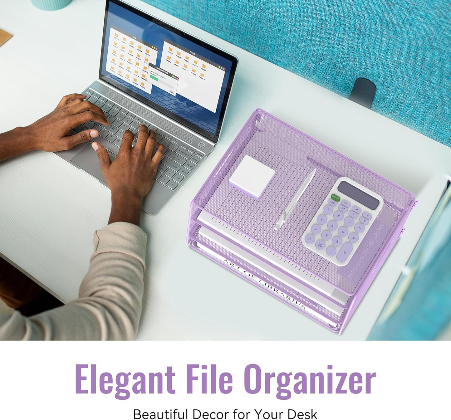 DALTACK 3 Tier Letter Tray Paper Organizer with Handle, Mesh Desk File Organizer, Paper Tray Desk Organizer for School Office Home, Metal Mesh, Purple