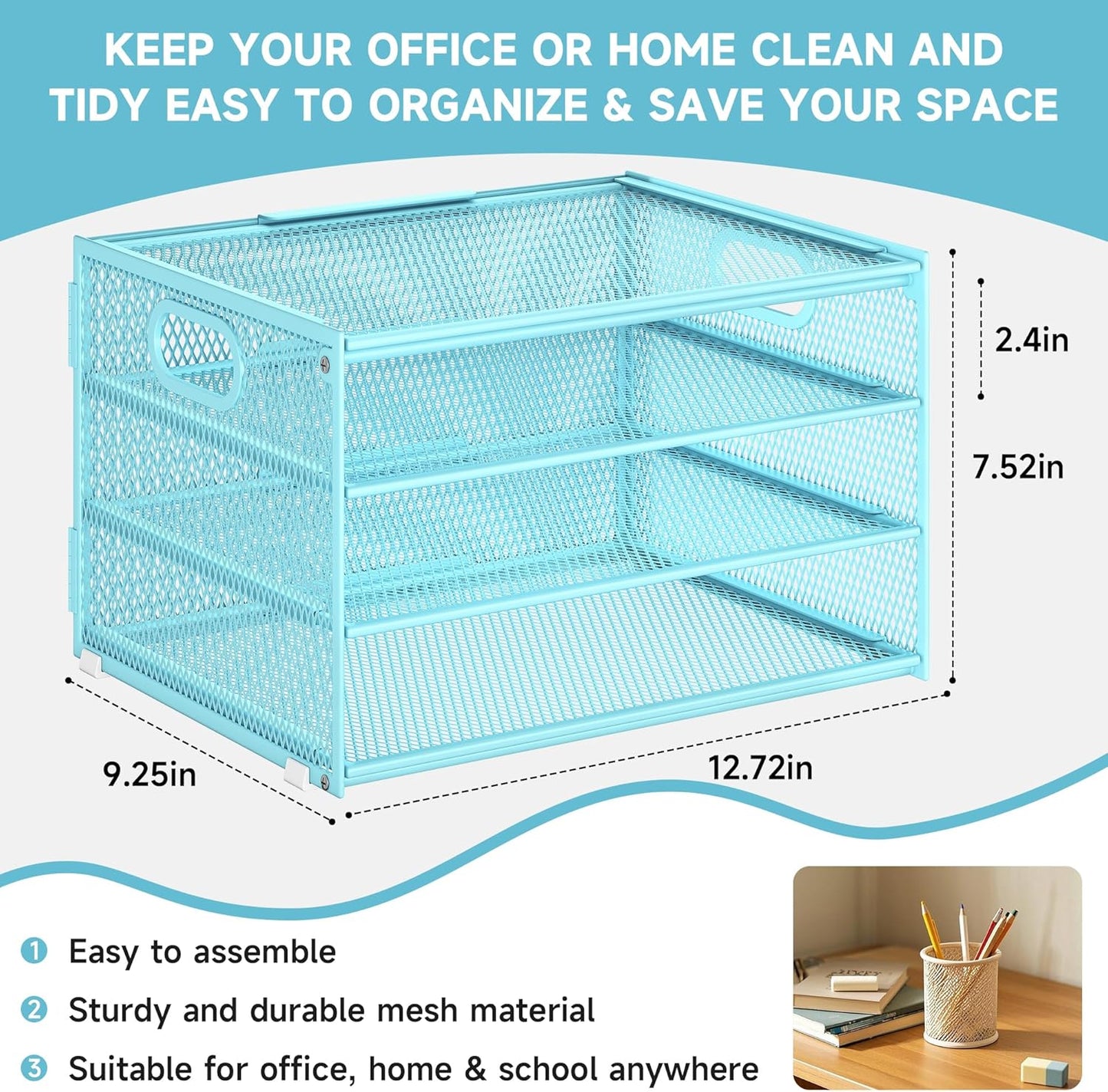 Subekyu Paper Letter Tray Organizer for Desk, Blue Metal Mesh Desk File Sorter Organizer with Handle and 2 Sliding Trays for Home Office School Supplies Organization
