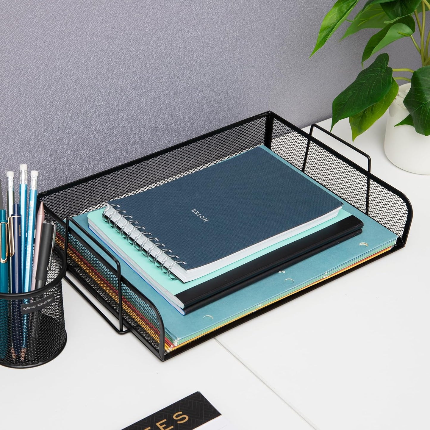 Mind Reader Stackable Paper Tray, Desktop Organizer, File Storage, Office, Metal Mesh, 13.25" L x 9.75" W x 6.25" H, 2 Pcs., Black