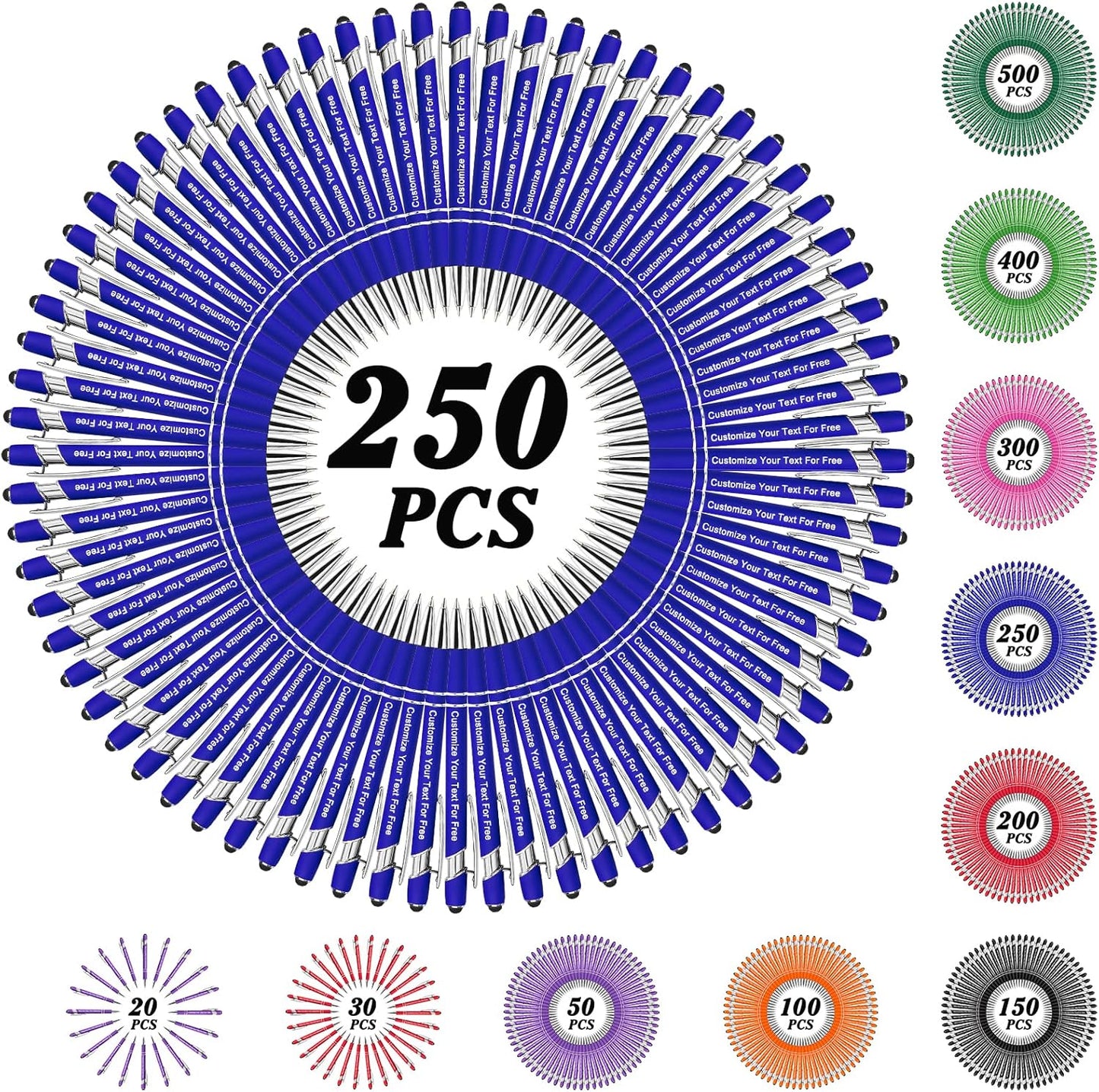 Max 500 Pcs Personalized Pens Bulk, Custom Pens with Free Engraving, Customized Stylus Tip Ballpoint Pen with Your Name Massage Text for School Office Business Graduation Anniversaries-250 Packs