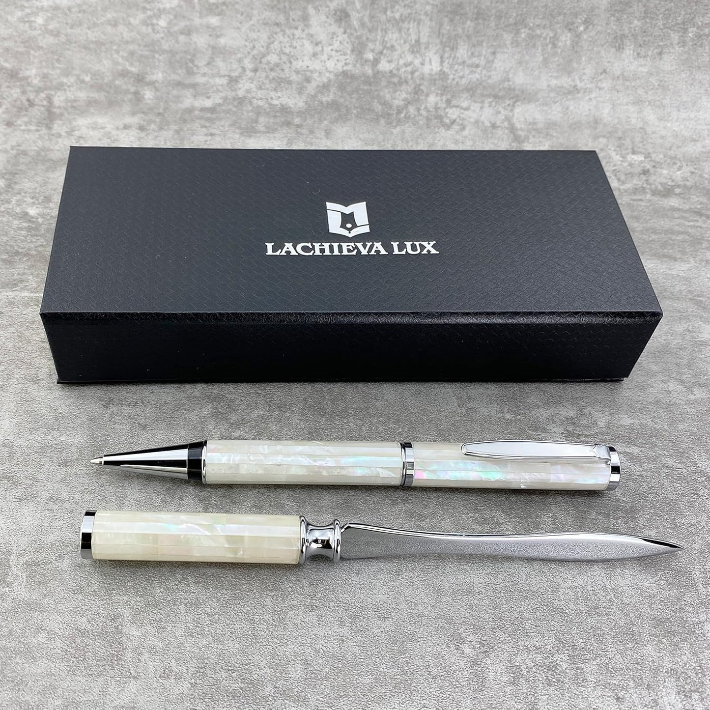 LACHIEVA LUX Luxury Mother of Pearl Ballpoint Pen & Letter Opener Set, Elegant Gift for Men & Women, Great for Christmas and Special Occasions