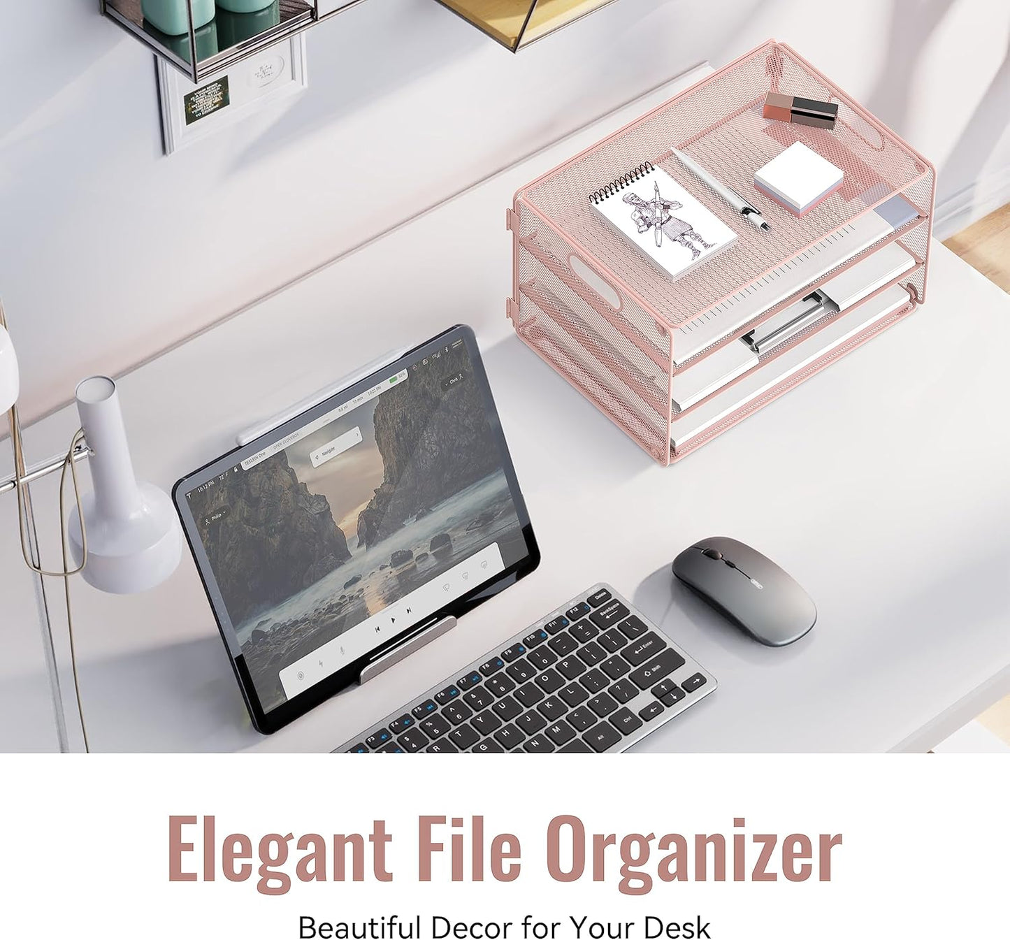 DALTACK 3 Tier Letter Tray Paper Organizer with Handle, Mesh Desk File Organizer, Paper Tray Desk Organizer for School Office Home, Metal Mesh, Pink