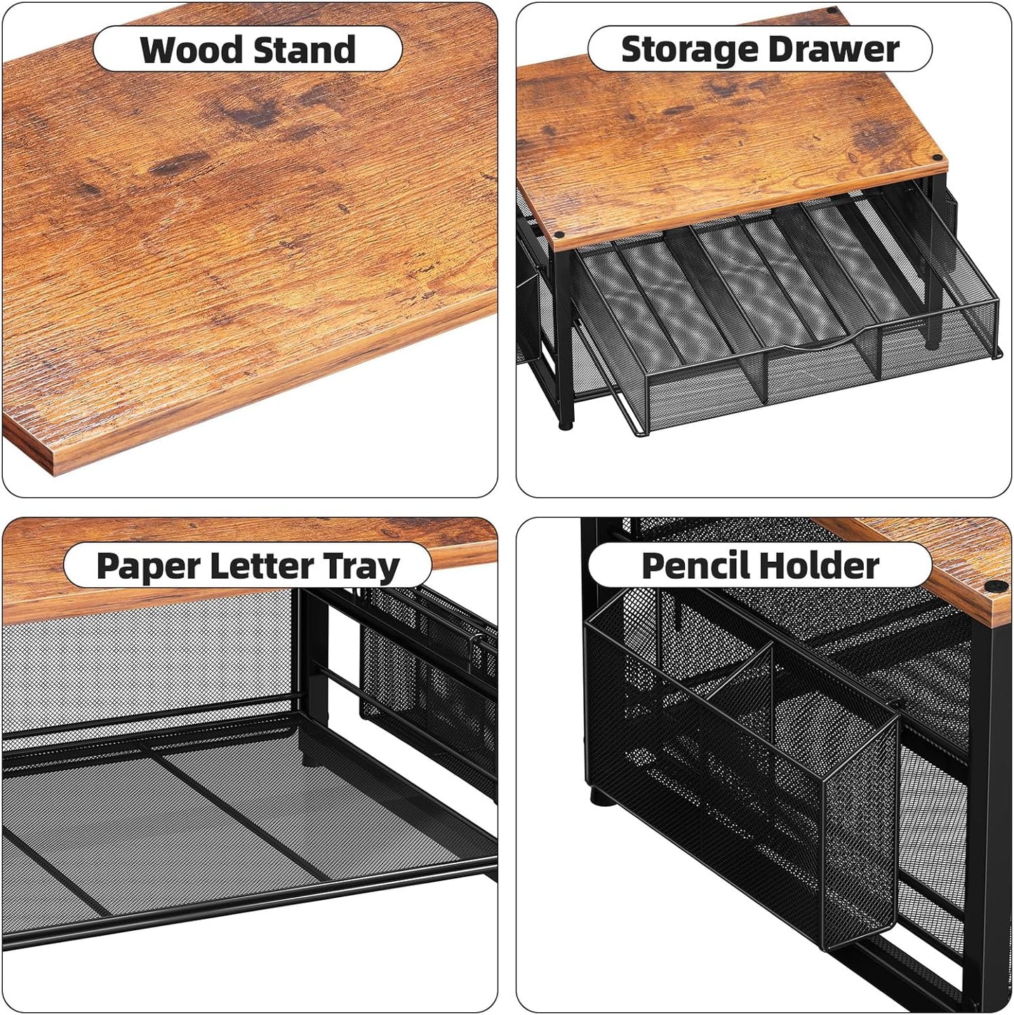 Marbrasse Wood Printer Stand for Desk, 2-Tier Desktop Printer Table for Home Office, Printer Stand with Storage Drawer 2 Pen Holders, Multi-Purpose Desk Organizer for Fax Machine Scanner(Wood Brown)