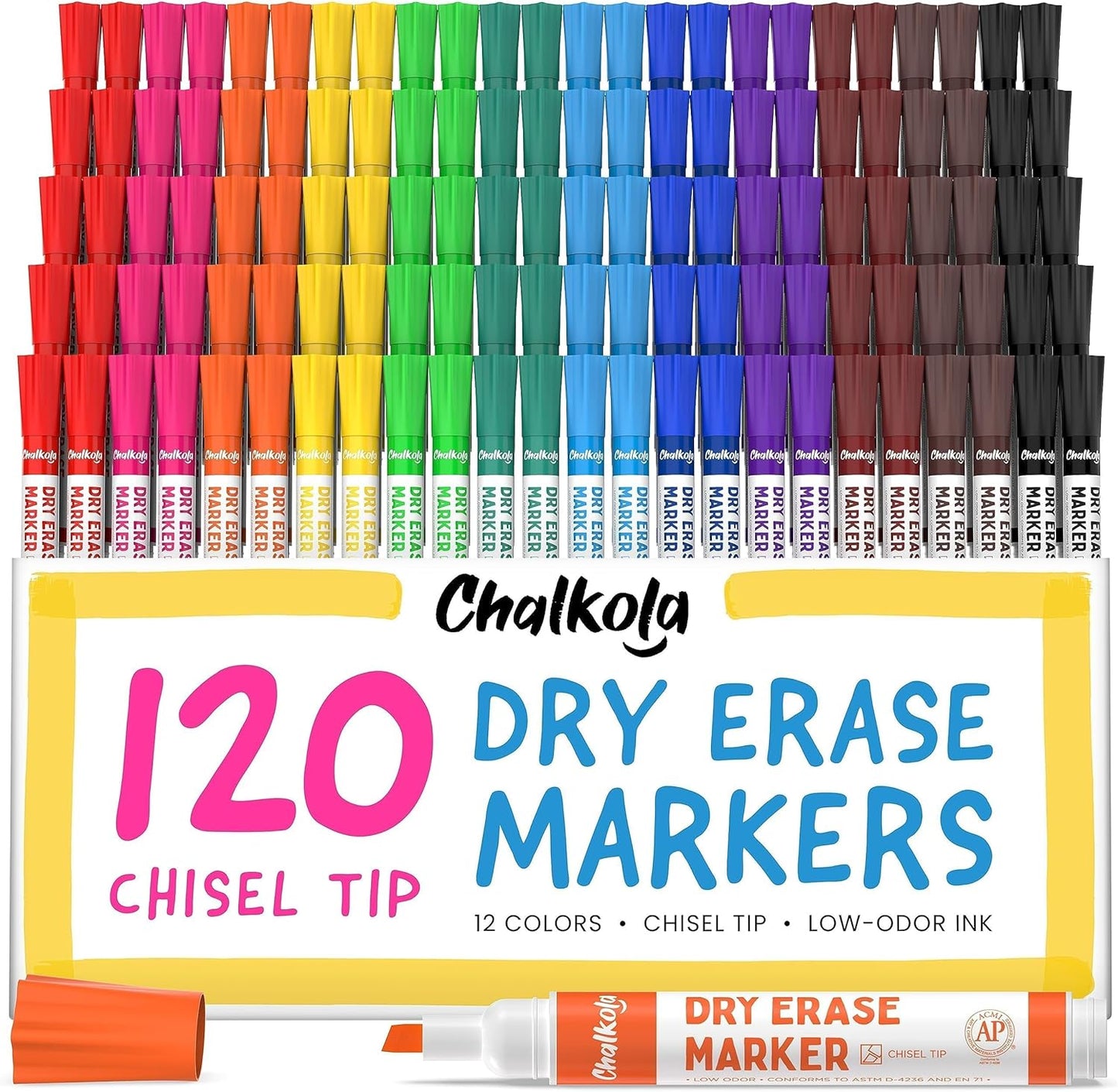Chalkola Bulk Dry Erase Markers for Classroom (120 Pack, 12 Vibrant Colors) | Erasable, Low Odor, Chisel Tip WhiteBoard Markers, Dry Erase Pens for Kids, Teachers - Office, Home, School Supplies
