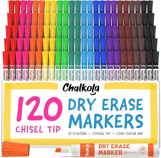 Chalkola Bulk Dry Erase Markers for Classroom (120 Pack, 12 Vibrant Colors) | Erasable, Low Odor, Chisel Tip WhiteBoard Markers, Dry Erase Pens for Kids, Teachers - Office, Home, School Supplies