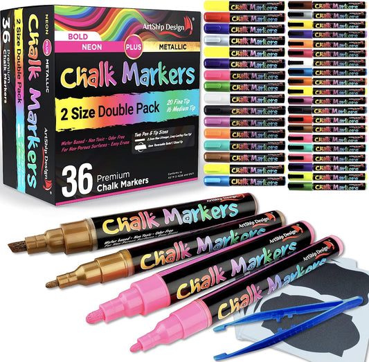 ArtShip Design 36 Chalk Markers Double Pack of Both Fine & Reversible Medium Tip Liquid Chalk Pens with Labels & Tip Tweezers Wet Erase Menu Boards, Windows, Mirrors, Non-Porous Chalkboards, Metal
