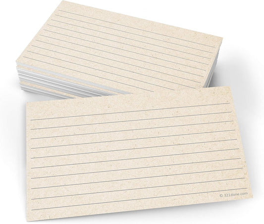 321Done Rustic Ruled Index Cards - Made in USA – Small 3x5 (Set of 50), Kraft Tan, Narrow-Ruled Lined Notecards Double-Sided, Thick Heavy Duty Cardstock, Simple Cute Pretty Note Cards with Lines