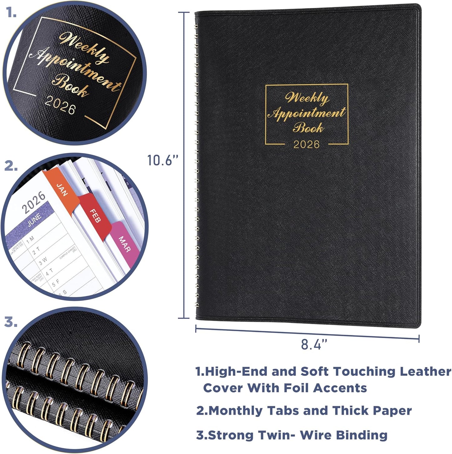 2026 Weekly Appointment Book - Daily Hourly Planner 2026 from January 2026 - December 2026, 8.5" x 11", 15-Minute Interval, Monthly Tabs, Leather Cover, Perfect for Your Life