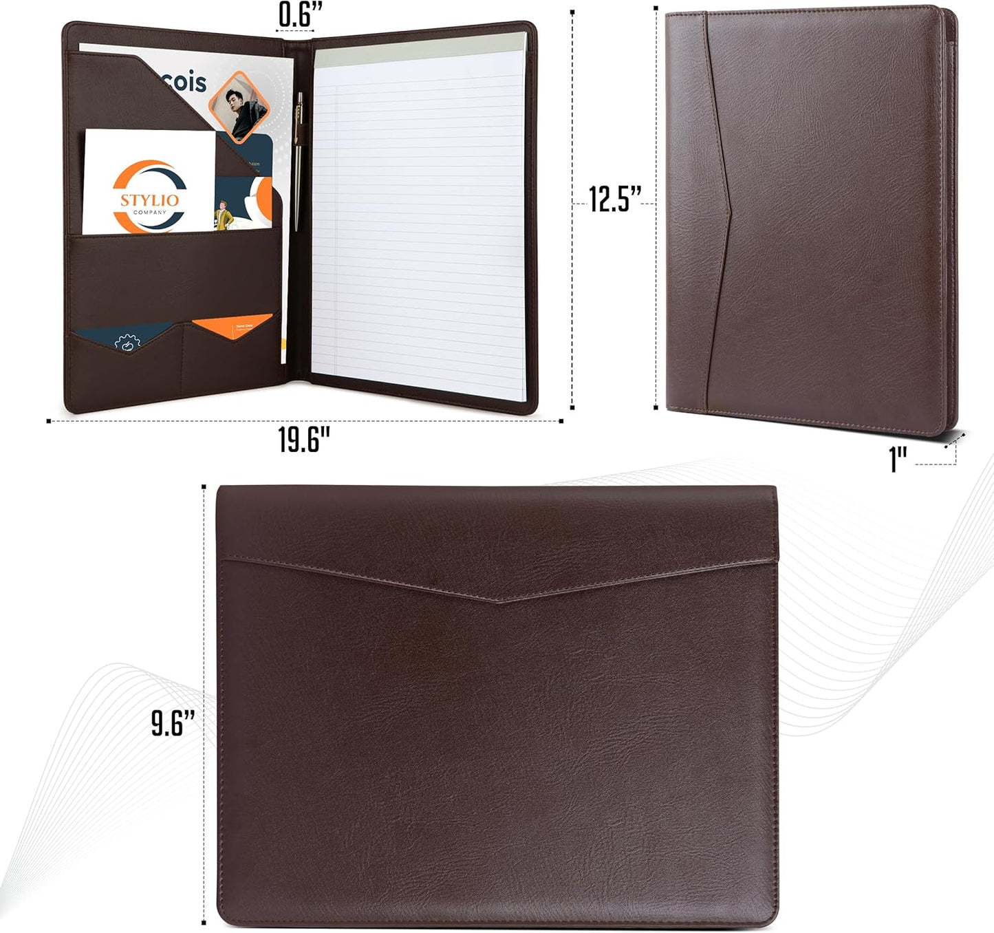 STYLIO Padfolio Portfolio Organizer Binder (Walnut Color) | Interview Resume Folder, Document, Business Card Holder |w/Letter-Sized Notepad | Handsome Brown Faux Leather Folio Matte Finish