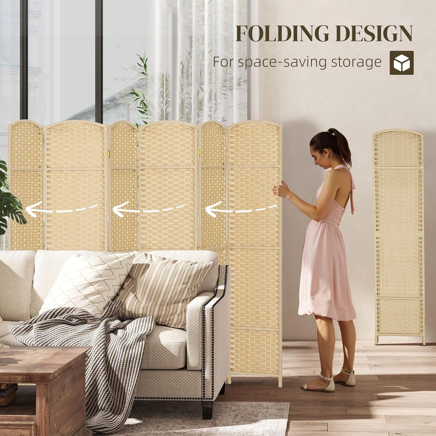 HOMCOM Room Divider, 6 Panel Folding Privacy Screen, 5.6' Tall Freestanding Wall Partition for Home Office, Bedroom, Beige