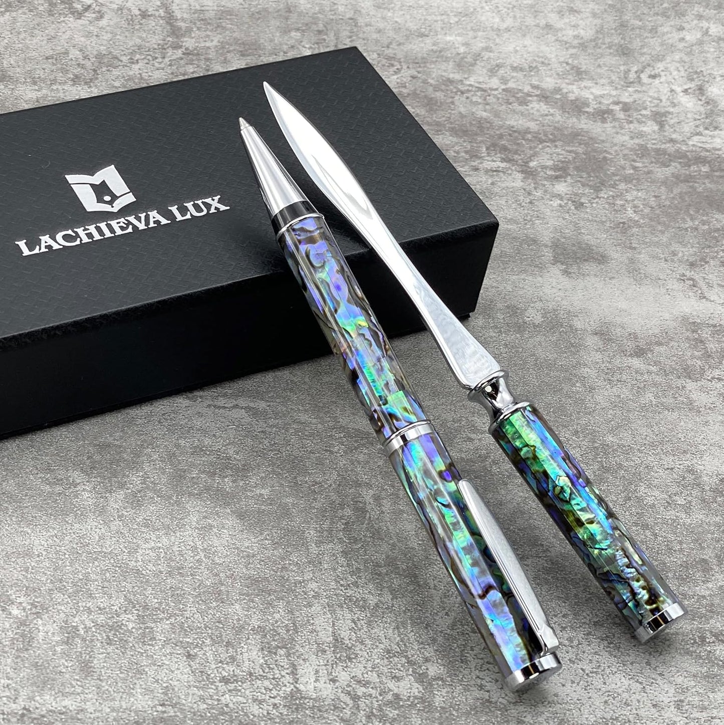 LACHIEVA LUX Luxury Abalone Shell Ballpoint Pen & Letter Opener Set, Elegant Gift for Men & Women, Great for Christmas and Special Occasions