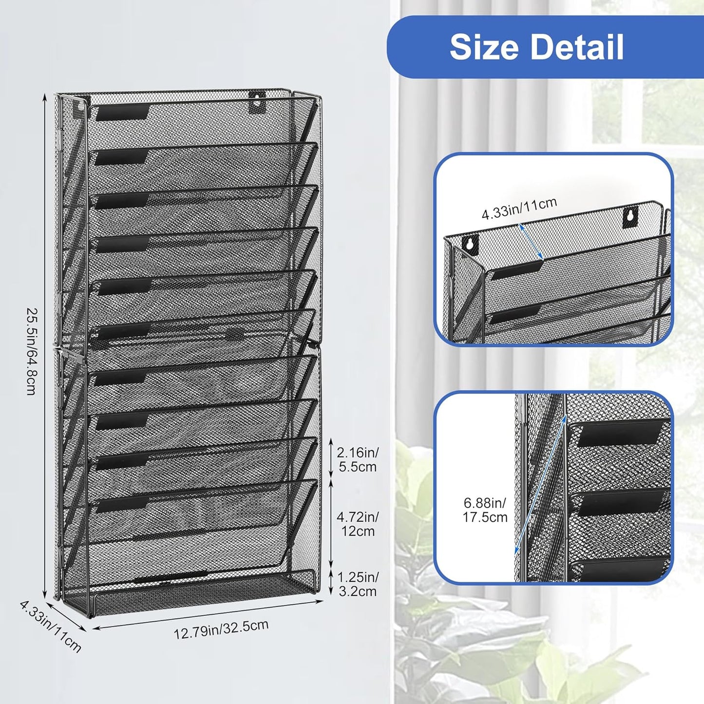 EasyPAG Wall File Holder Organizer 11 Tier Mesh Hanging Wall Mounted Document Paper Folder Filing Magazine Rack with Nametag Label for Office Home School, Black