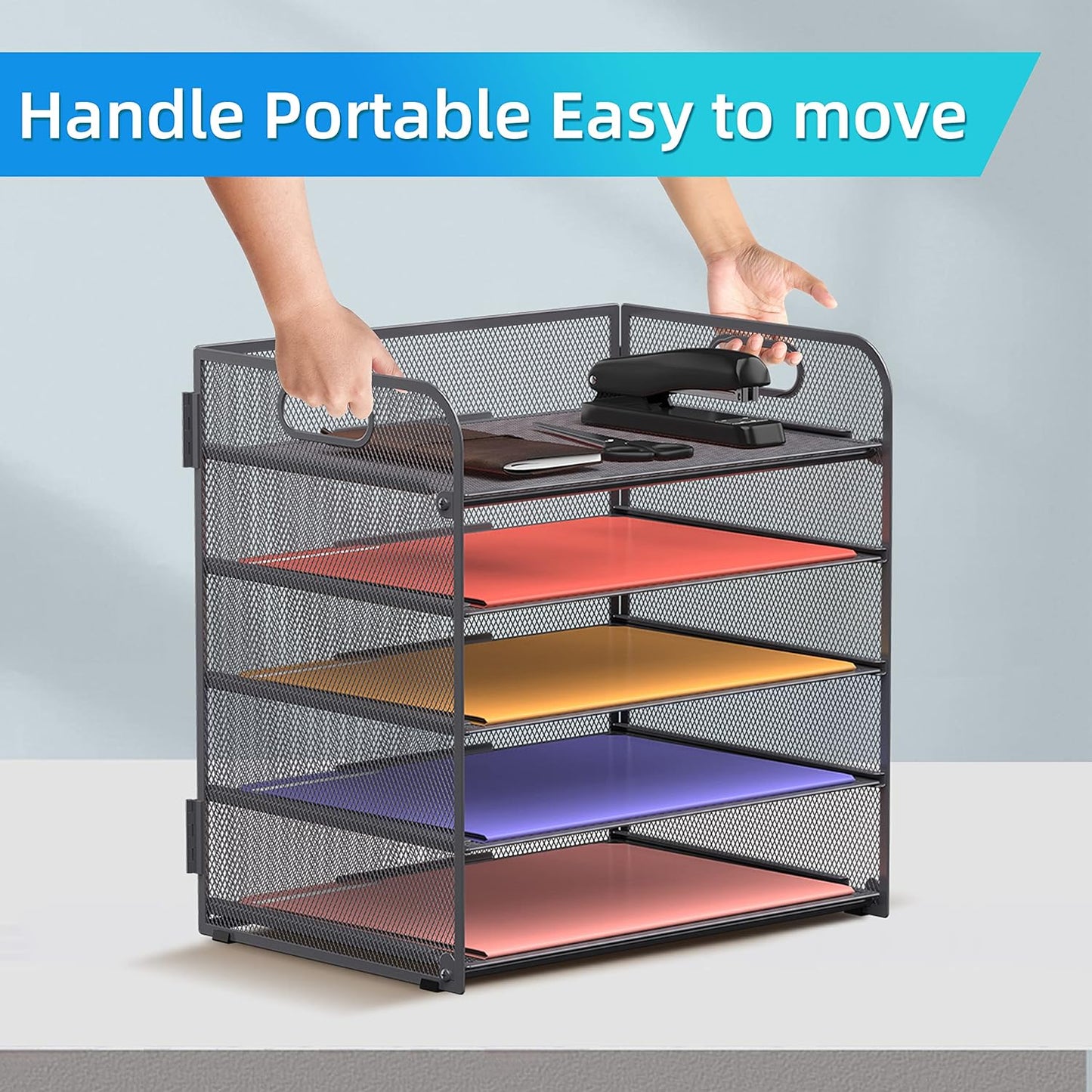 Supeasy 5 Trays Paper Organizer Letter Tray with Handle-Mesh Desk File Organizer, Grey Paper Sorter Desk Organizer for Office, Home or School