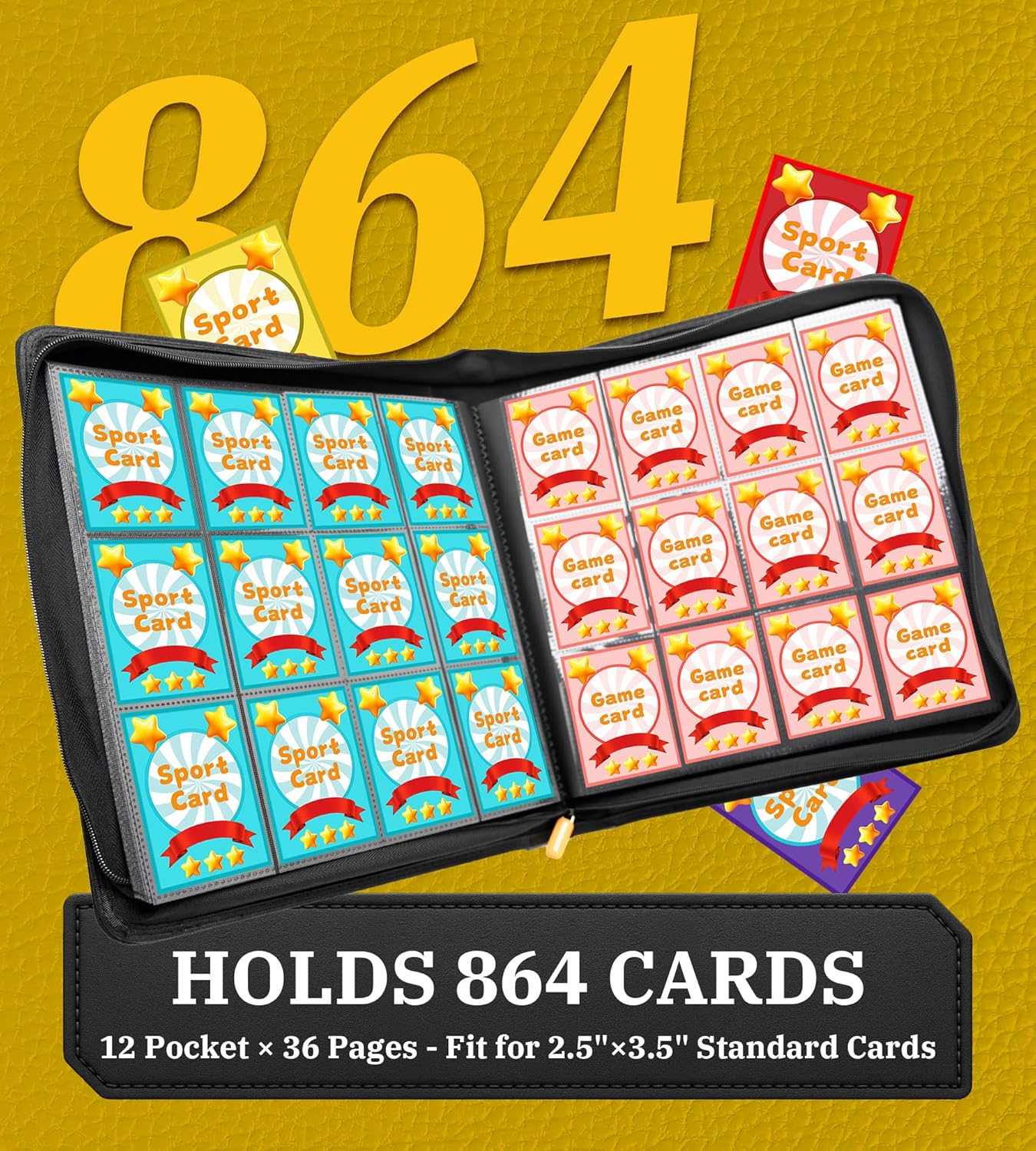 12 Pocket Card Binder, 864 Pockets Side Loading Trading Card Collection Binder, Zipper Ringless Card Holder Album for TCG, Sports, Game Business Cards, Black