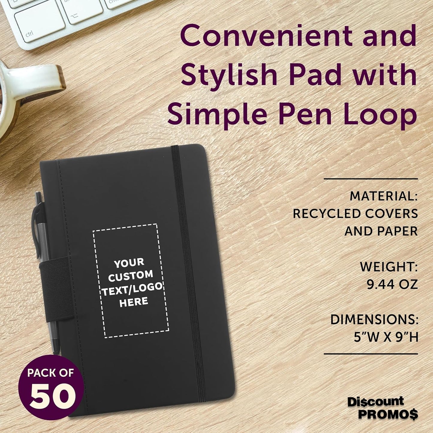 DISCOUNT PROMOS 50 Executive Notebooks with Pen Pack - Customizable Text, Logo - 6 x 8.5 inches, Recycled, Pen Loop, Closure Strap - Black