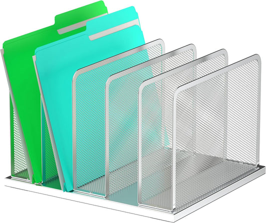 Kuntine.B Desk File Organizer Upright Mesh Desktop Organizer File Sorter Office Organization File Holder for Home, Office & Classroom (Silver, 1 Pack 5-Section)