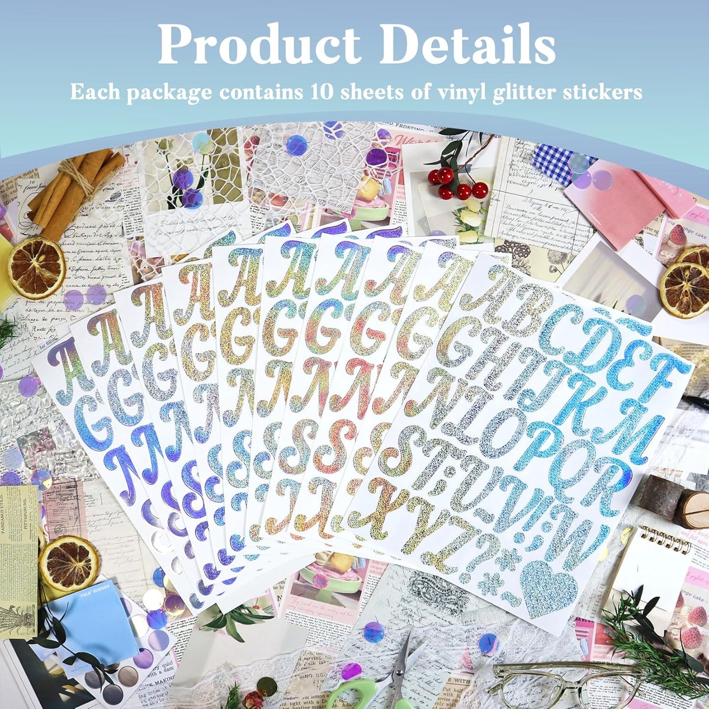 Glitter Letter Stickers,10 Sheets 2 Inches Self-Adhesive Vinyl Letters Alphabet Sticker Decals for Scrapbook,Door,Mailbox,Bulletins Boards - Silver