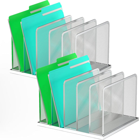 Kuntine.B Desk File Organizer Upright Mesh Desktop Organizer File Sorter Office Organization File Holder for Home, Office & Classroom (Silver, 2 Pack 5-Section)