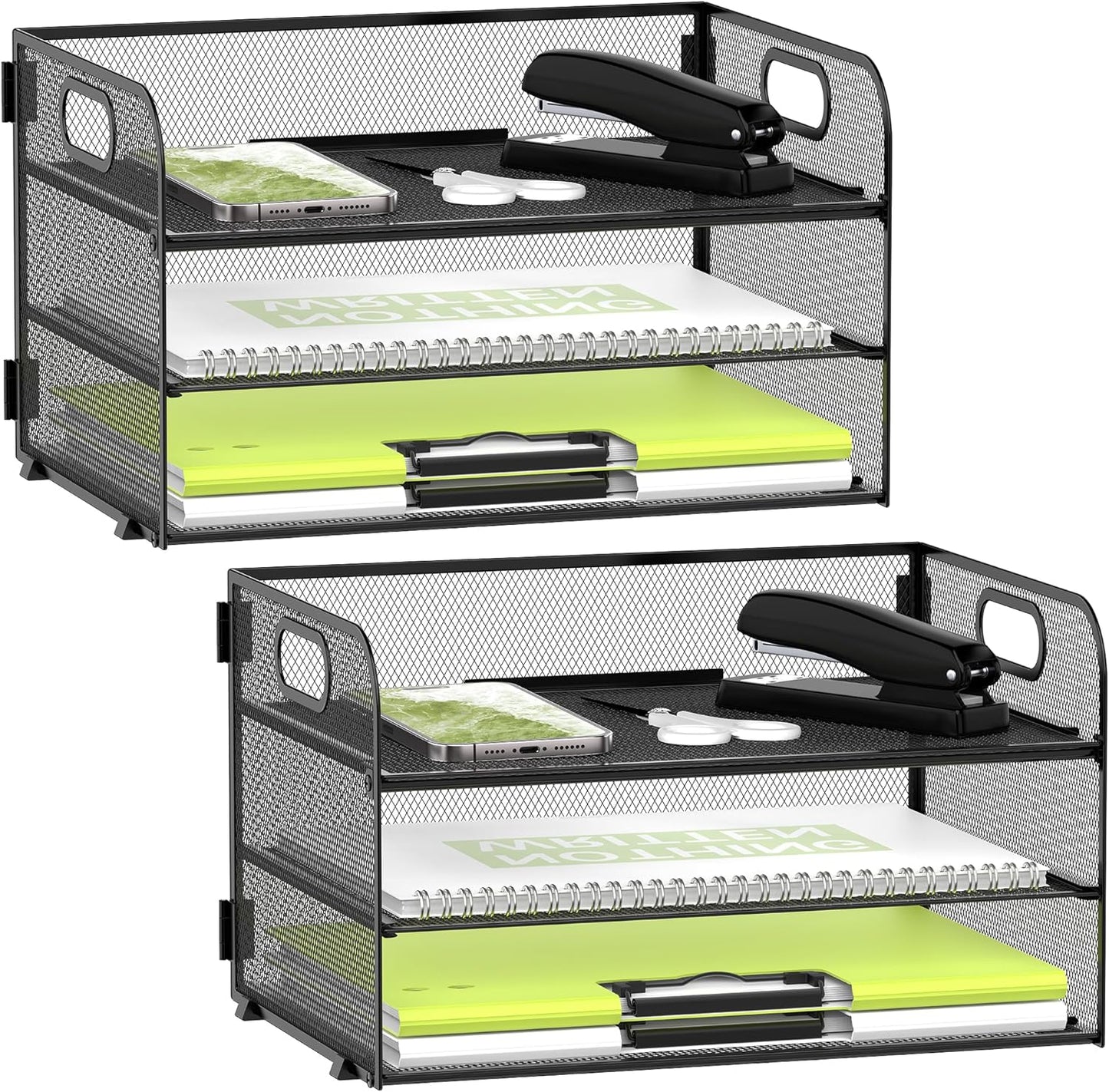 Daltrack 3-Tier Mesh Desk Organizer with Handle - Paper Tray Organizer for A4 Files, Black 2 Pack