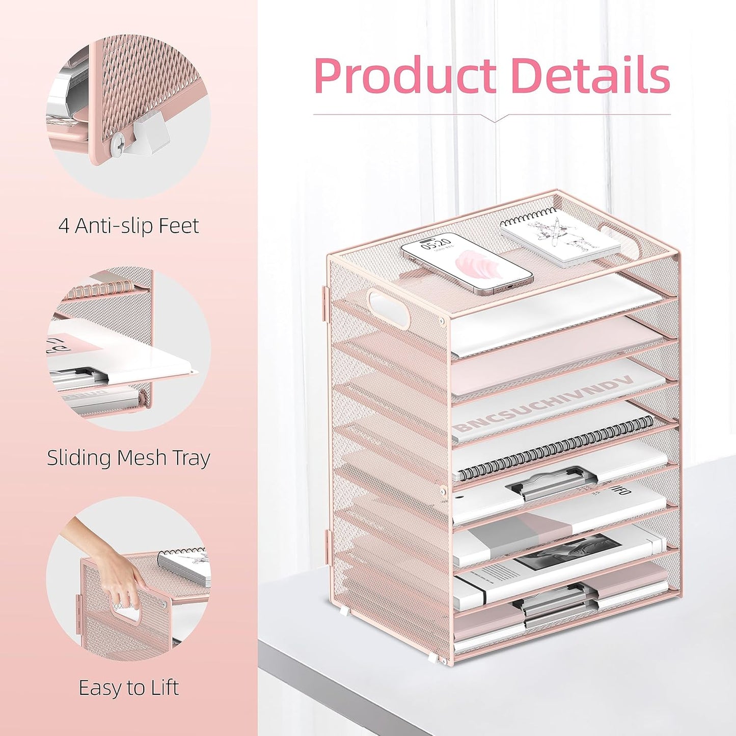 DALTACK 9-Tier Paper Letter Tray Desk Organizer with Handles, Mesh File Holder Organization, Paper Sorter Desk Organizer for Office Home School, Pink