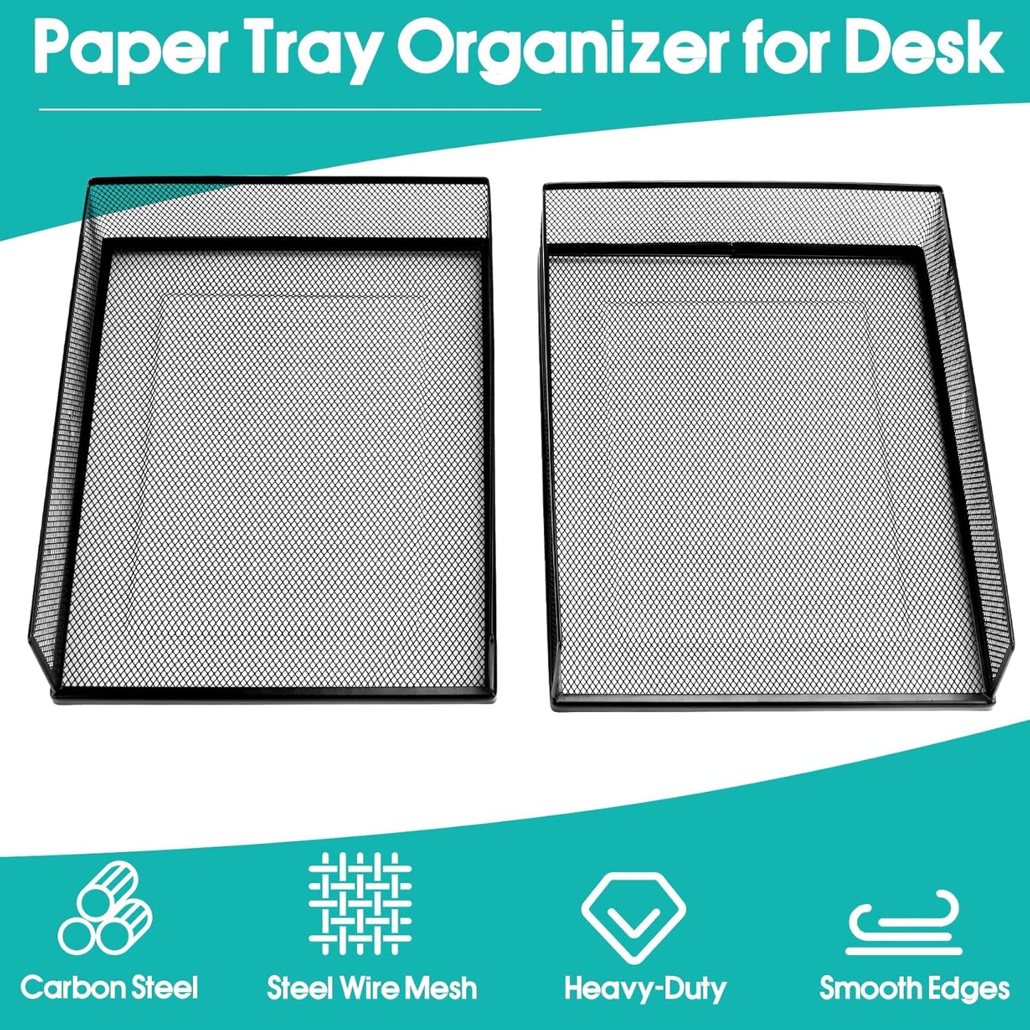 Wire Mesh Letter Trays Paper Tray Desk File Organizer, 2 Pack Stackable Metal Front-Load Documents Tray for Office Supplies File (Lengthways)