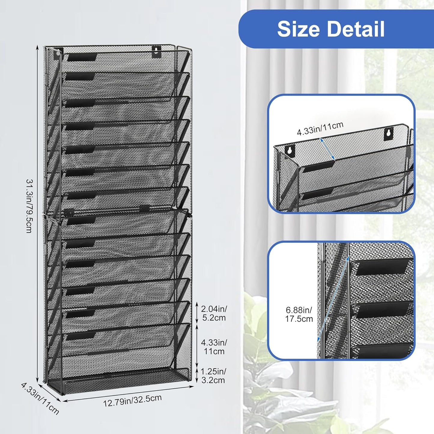 EasyPAG Wall File Holder Organizer 14 Tier Mesh Hanging Wall Mounted Document Paper Folder Filing Magazine Rack with Nametag Label for Office Home School, Black