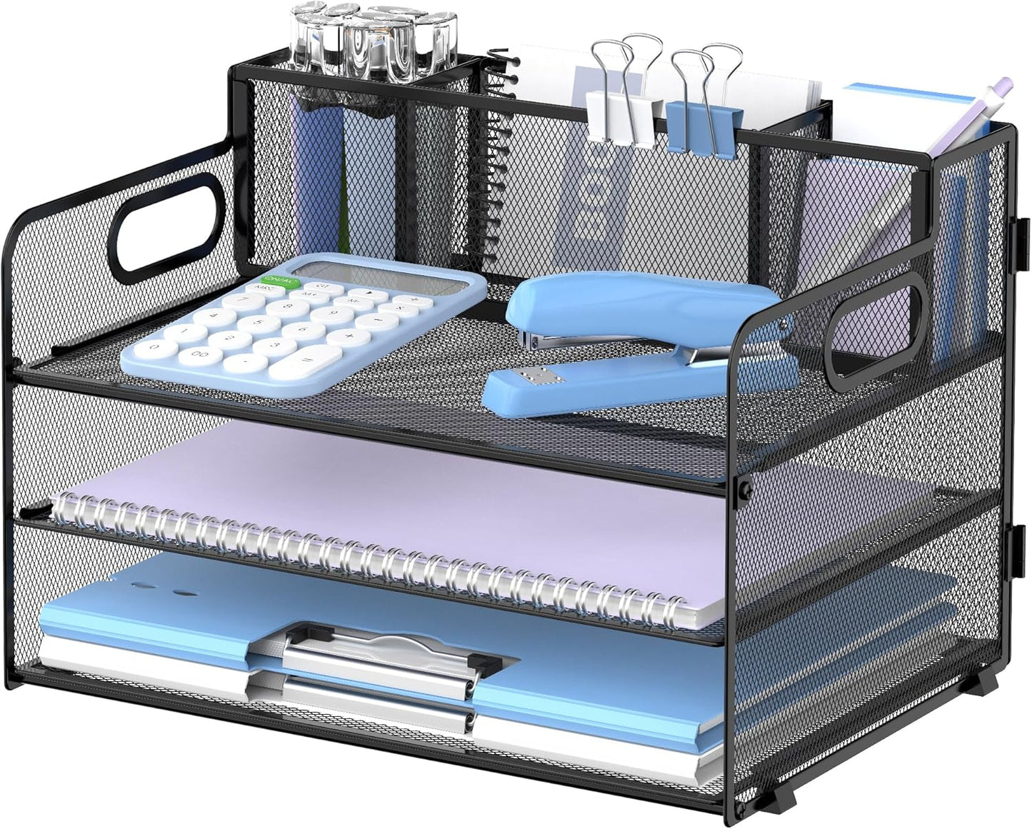 SUPEASY 3 Tier Desk Organizer with Handle & 3 Pen Holders, Mesh Paper/File Organizer for Desk, Paper Letter Tray Organizer for Office Supplies (Black)