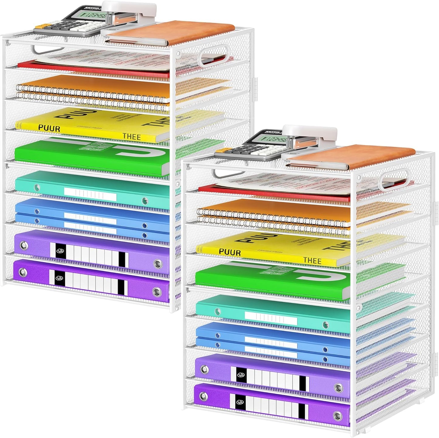9 Tier Paper Organizer with Handle, Large Capacity Desk Organizer Mesh Paper Letter Tray File Folder Document Sorter for Classroom and Office Accessories Organization- White (2 Pack)
