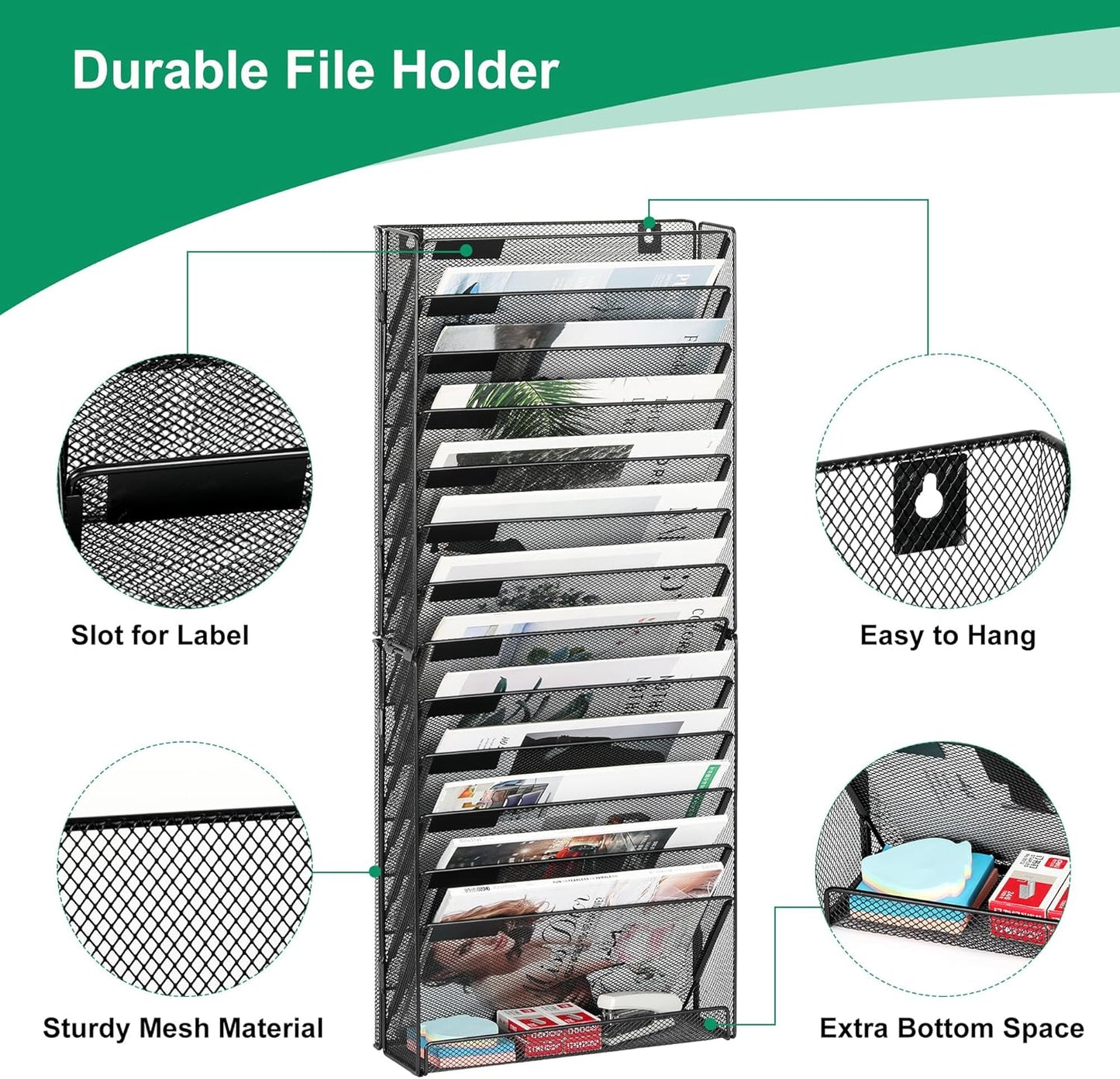 14-Tier Wall File Organizer, Hanging Mail Organizer Wall Mounted Paper Document Holder, Metal Clipboard Storage Basket for Office Home School Organization, Black