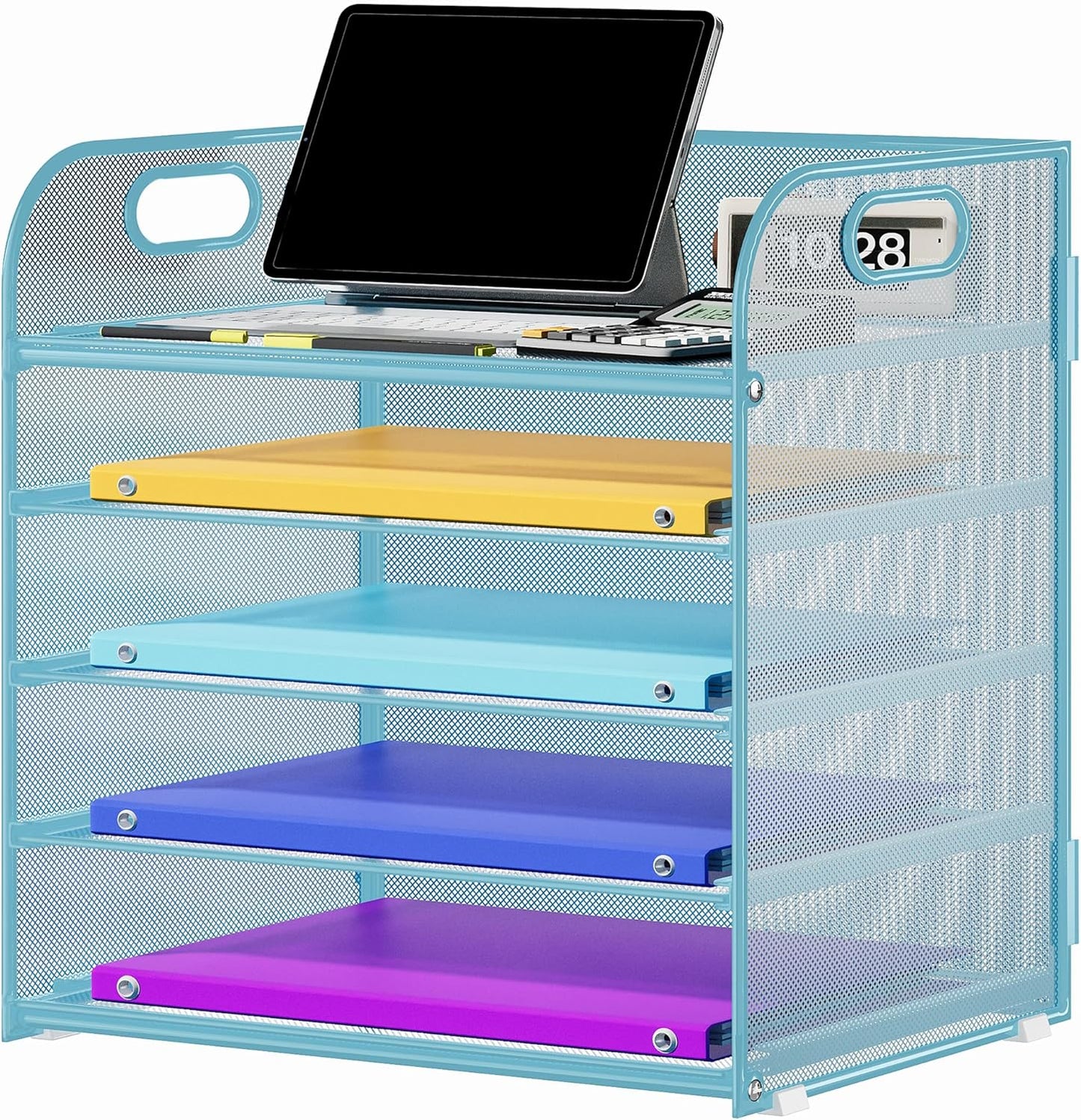 5 Tier Paper Organizer with Handle, Metal Mesh Desk Organizer File Folder Paper Letter Tray Desktop Document Sorter for Classroom, School, Office Accessories Organization and Storage - Blue