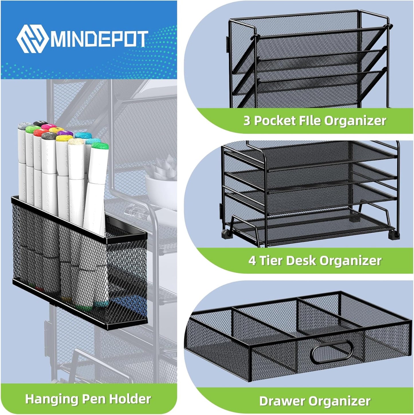 4-Tier Paper Organizer + 3-Pocket File Holder + Drawer + Pen Holders, Desktop File Organizers Paper Tray for Office Supplies School Classroom Organization (White, with Drawer & Pen Holder)