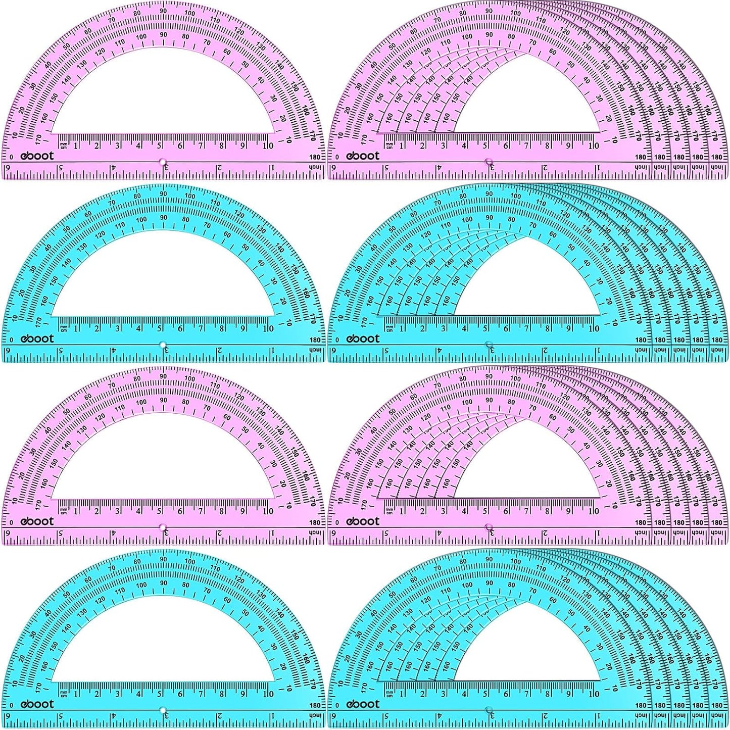 EBOOT 24 Pack Plastic Protractors Math Protractor 180 Degrees 6 Inch (Pink, Blue)