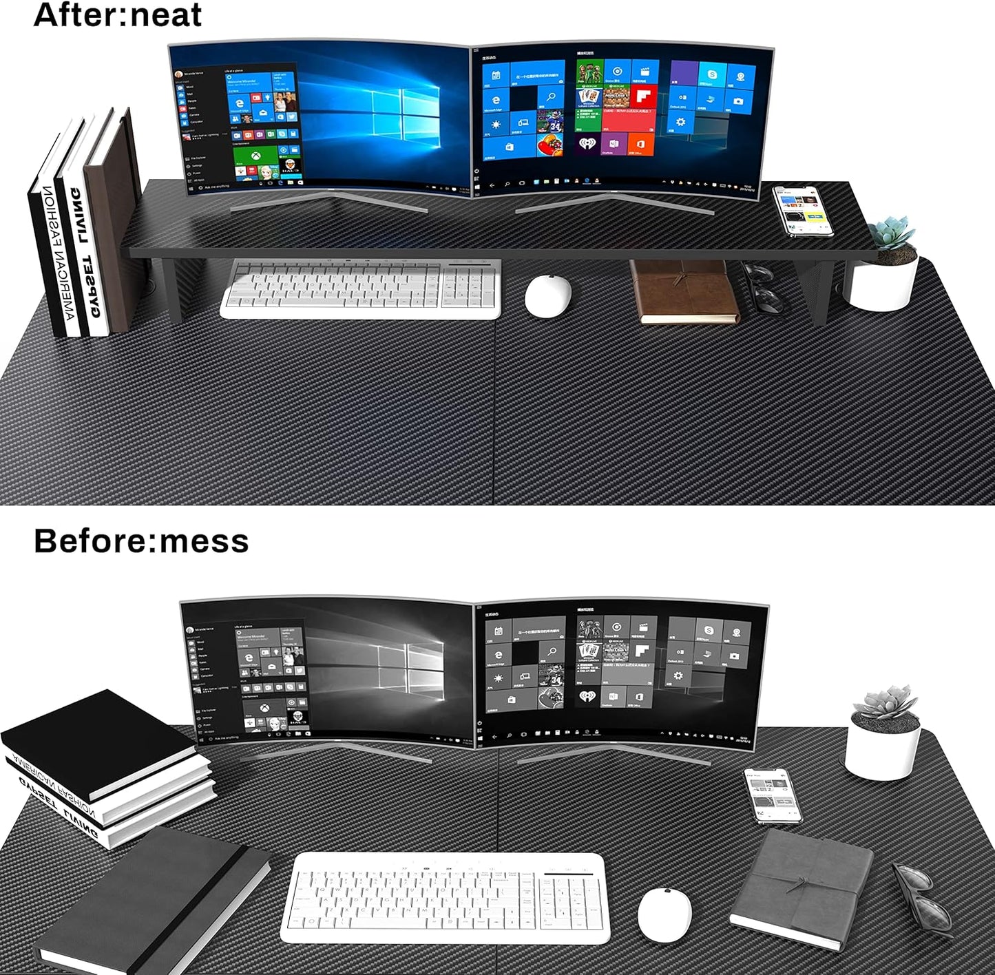 EUREKA ERGONOMIC Dual Monitor Stand - Adjustable Legs, Dual Monitor Riser, Carbon Fiber Computer Monitor Stand, Desktop Organizer, Monitor Stand Riser for PC, Computer, Laptop (Black)