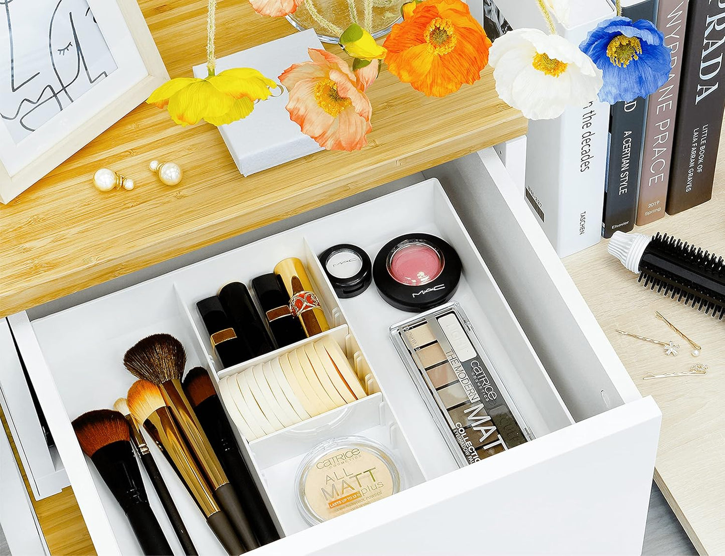 CAXXA 2PK - 3 Slot Drawer Organizer with Two Adjustable Dividers - 5 Compartments Drawer Storage Junk Drawer Organizer for Office Desk Supplies and Accessories, White