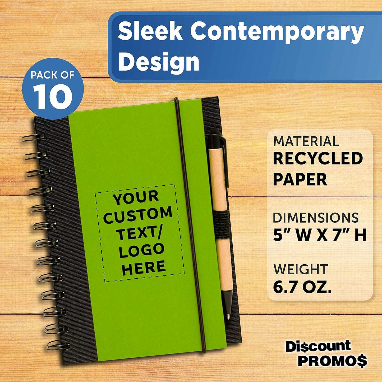 DISCOUNT PROMOS Custom Eco Block Notebooks with Pens Set of 10, Personalized Bulk Pack - Perfect for School, Office, Business, Home - Lime Green