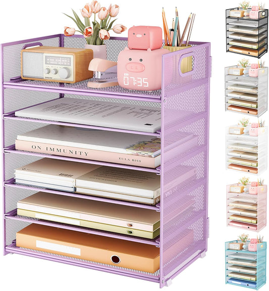 Subekyu 6 Tier Paper File Tray Organizer for Desk, Purple Mesh Desk Letter Paper File Folder Accessories Sorter Organizer with Handle, Stackable Slide Tray for Office, Home or School Supplies Storage