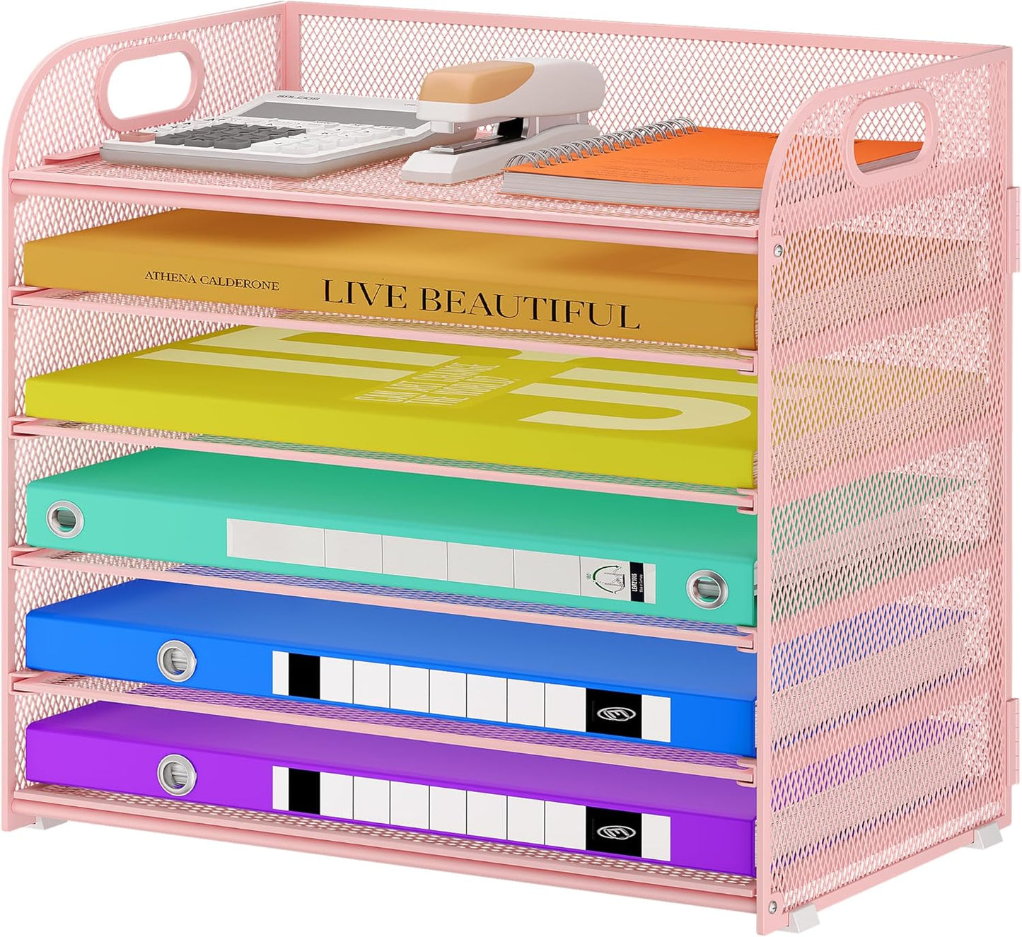 6 Tier Paper Organizer with Handle, Metal Desk Organizer Mesh Paper Letter Tray Desktop File Folder Document Sorter for Classroom, School, Office Accessories Organization and Storage - Pink