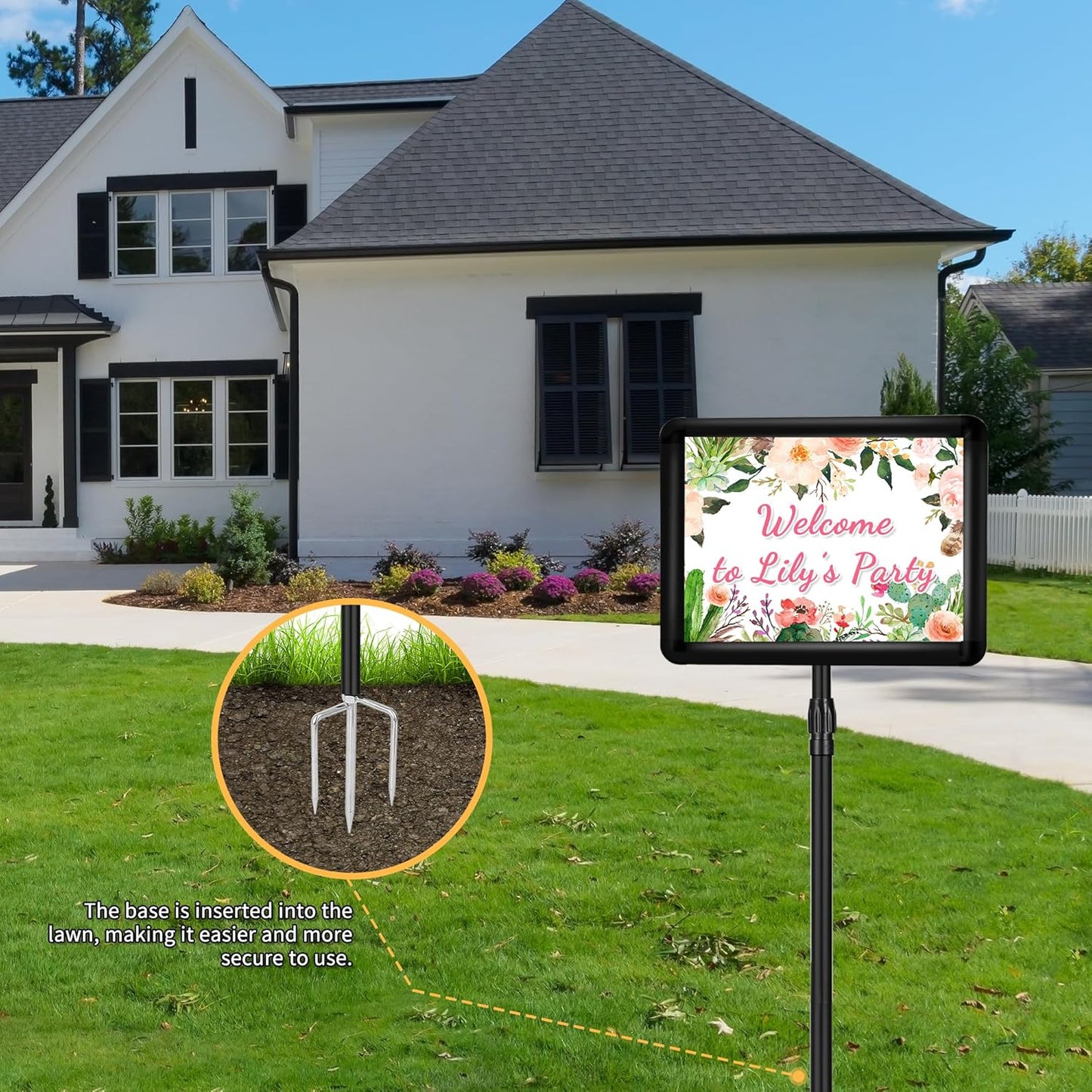 2 Pack Sign Holder Stand 8.5 x 11, With 3-Prong-Base & Round Base, Poster Stand Aluminum Snap Open Frame for A4 Size Outdoor Indoor Sign Stand, Height Adjustable-Black