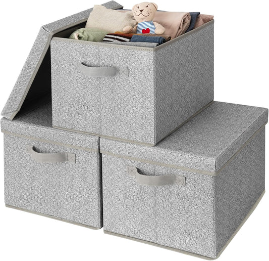 GRANNY SAYS Fabric Boxes with Lids, Storage Bins with Handles, Shelf Bins for Organizing, Extra Large Storage Boxes for Linens Clothes, Decorative Storage Containers, Gray, 3-Pack
