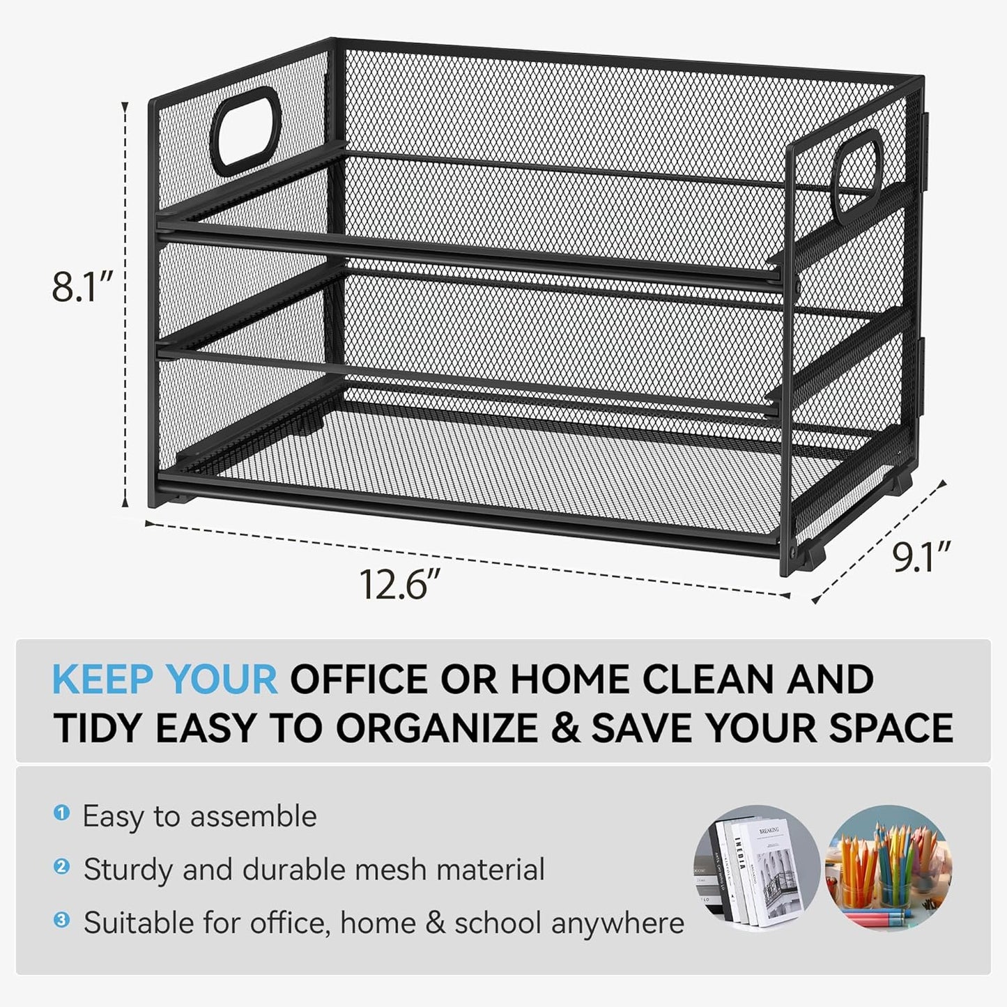 Subekyu 3 Tier Paper Letter Tray Organizer for Desk, Black Metal Mesh Desk File Folder Sorter Organizer with Handle and Sliding Tray for Home, Office, School Supplies Organization Storage